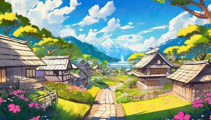 the village in japan anime illustration is a place of harmony and balance where people live in...