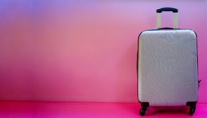 suitcase adventure travel holiday or vacation concept pink landscape background empty space for design