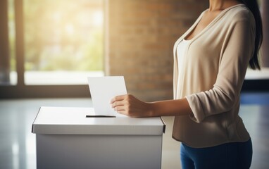 Woman putting her vote into a ballot box, blurred background