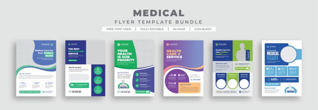 Professional layouts for medical healthcare flyer, poster, brochure, and newsletter design, perfect for health services