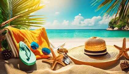 tropical beach with sunbathing accessories summer holiday background