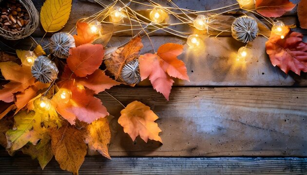 rustic fall background of autumn leaves and decorative lights over a rustic background of barn wood image shot from overhead