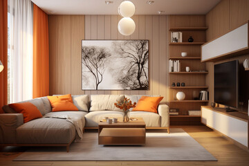 Living room in classic style and beige color with a painting on the wall