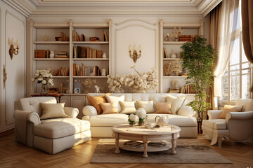 The living room is in the style of Provence and in neutral tones
