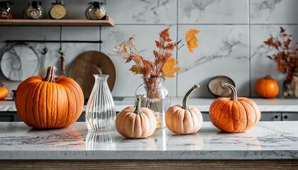 glass pumpkins kitchen table countertop fall autumn interior home decor seasonal decoration trendy