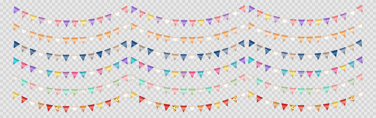 Fototapeta premium Set of six colorful buntings or party flags on string. Multicolored repeating hanging triangle carnival garlands on transparent background. Realistic various pennants for festival, fair, birthday