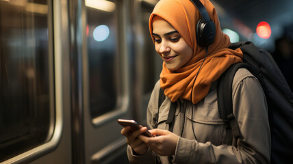 young girl wearing hijab waiting a train holding a phone, generative ai