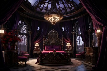 An opulent Victorian-style bedroom with a 3D intricate pattern in deep plum on the bed canopy, antique furnishings, and a grandiose feel