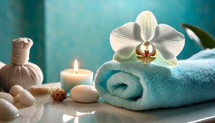 Obraz na płótnie Canvas spa salon light blue composition in wellness center spa still life background with aromatic candle orchid flower and towel beauty spa treatment and relax relaxing background