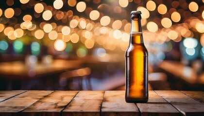 beer bottle on a classic wooden table moc up style vintage bokeh bar background created with generative ai technology - obrazy, fototapety, plakaty