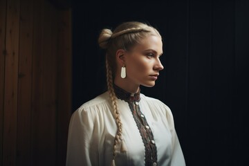 Poised Young Nordic Woman with Braided Hair. Generative AI.