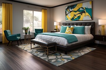 Modern bedroom with a 3D intricate pattern in yellow and teal on the area rug, contrasting with dark cherry wood flooring