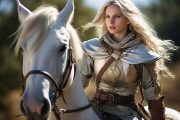 Beautiful woman knight on a white horse - obrazy, fototapety, plakaty