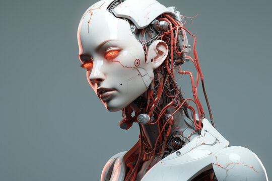 A female robot with red glowing eyes