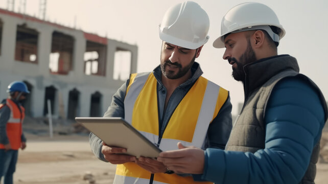 Diverse team on construction site with tablet, discussing real estate project plans.generative ai