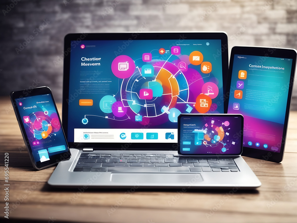 Poster creation of responsiv internet website for multiple platforms. building mobile interface on screen o