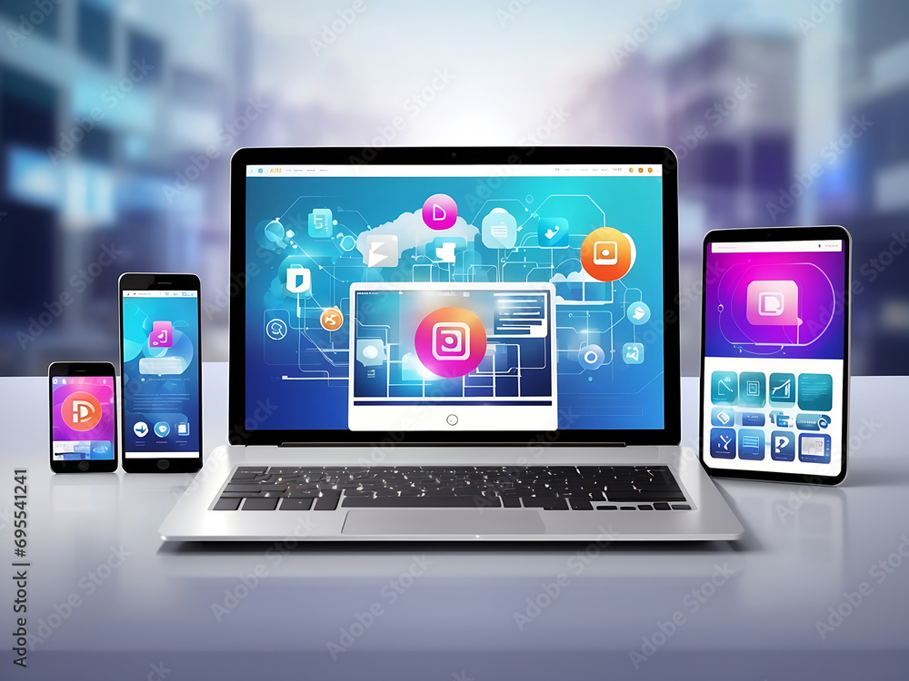 Poster creation of responsiv internet website for multiple platforms. building mobile interface on screen o