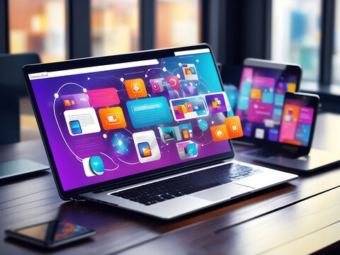 Creation of responsiv internet website for multiple platforms. Building mobile interface on screen of laptop, tablet, smartphone. Layout content on display devices. Conceptual banner of web technology