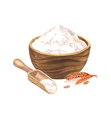 Wooden bowl with wheat flour, wooden scoop and grain and spikelets. Watercolor hand drawn illustration, isolated on white background. For bakery, cafe, restaurant menu element.
