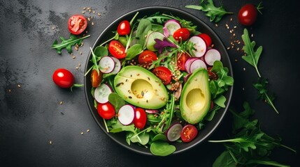 fresh and vibrant vegan salad bowl with tomatoes, avocado, arugula, radish, and seeds - nutritious plant-based menu. flat lay composition for healthy eating