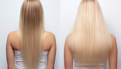 Blonde hair transformation: from dull and unruly to smooth, shiny, and voluminous. generative ai
