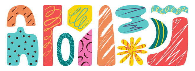Set of abstract colored shapes. Modern geometric design elements with trendy creative textures, lines and hand-drawn patterns. Flat doodle style. Vector illustration.