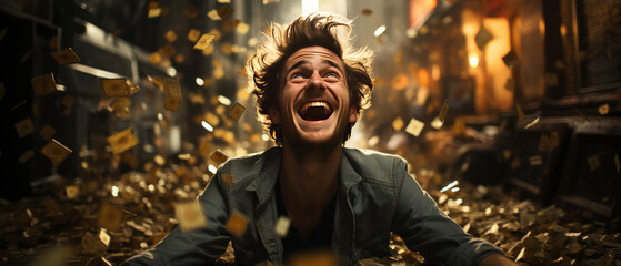 Joyful Euro Millions winner envisions life-changing happiness.generative ai - obrazy, fototapety, plakaty