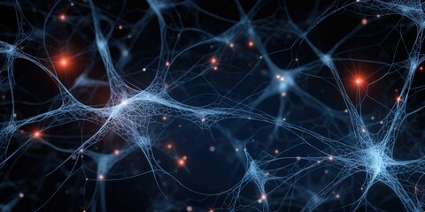 Naklejka na ściany i meble Generative AI, neuron cells with glowing background, knots in abstract dark space. Neural network 
