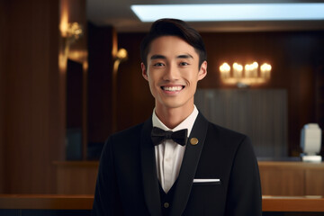 Hotel employee with a welcoming smile, dressed in formal attire, ready to assist guests, representing impeccable service and hospitality
