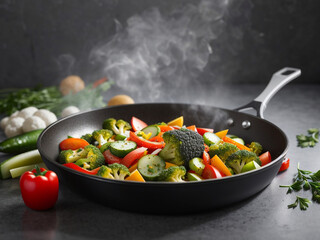 frying pan with vegetables - obrazy, fototapety, plakaty