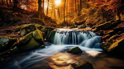 A waterfall that is both beautiful and colorful is located in a deep forest during an idyllic autumn.