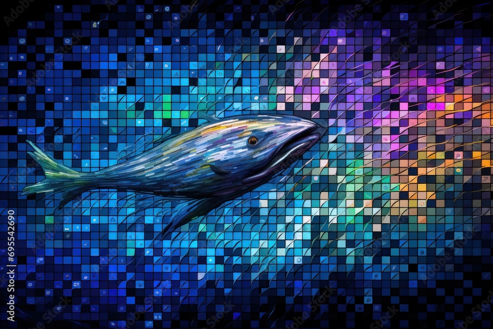 Poster a painting of a fish floating in the water with a colorful mosaic pattern on the side of the image a