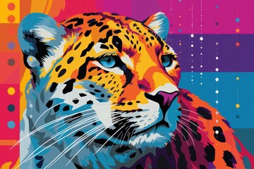  a close up of a leopard on a multicolored background with circles and dots on the bottom half of the image and the top half of it's face.