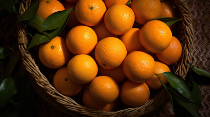 ripe oranges in a wicker basket with some green leaves