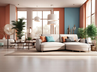 Contemporary indoor space with furniture and decoration. 3D visualization background Design.