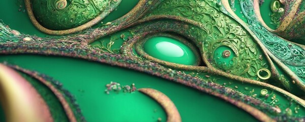 a green and gold abstract background with a large green eye