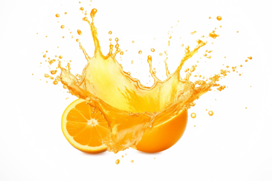 Sliced orange with juice splash isolated on transparent background. Fruit explosion