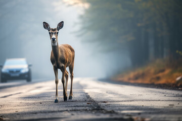 Wild animal on asphalt road in foggy morning, dangerous situation for driver on the road. Deer crossing car road near forest - obrazy, fototapety, plakaty