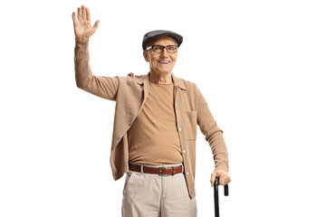 Elderly gentleman standing with a cane and waving