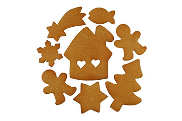 Undecorated gingerbreads of various shapes isolated on white background. Christmas baking