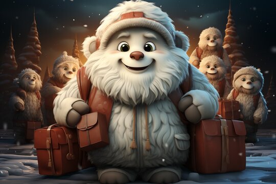 happy yeti in santa outfit holding a christmas gift box