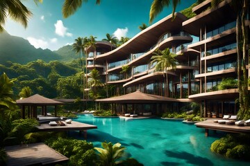 Fototapeta na wymiar An upscale hotel with modern architecture, surrounded by lush tropical vegetation, blending seamlessly with the azure lagoon in the background.