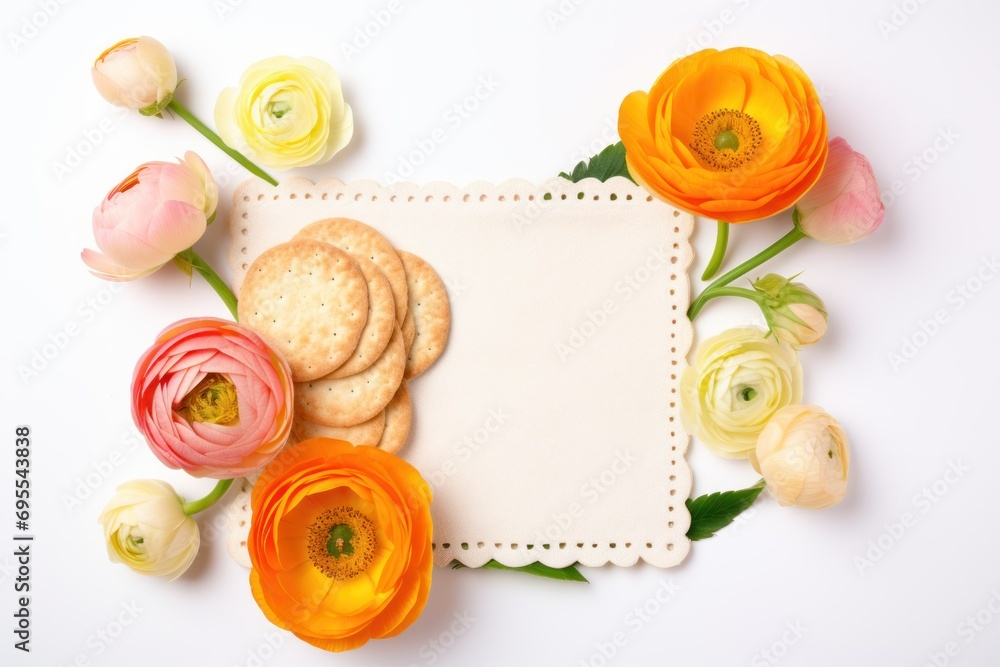 Poster a picture of some flowers and crackers on a white background with a place for a message or a picture
