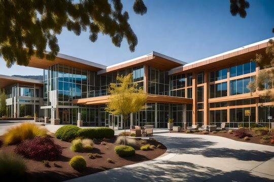A contemporary, sustainable Hospital campus in Ukiah, Ukiah , photorealistic, Northern Calif , Ukiah , in the style of architecture
