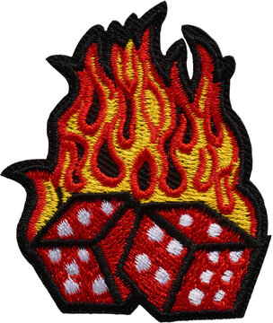 Embroidered flaming red dice patch front view isolated on transparent background
