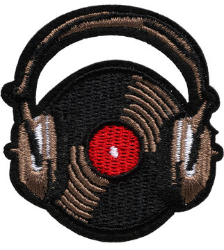 Embroidered vinyl record with headphones patch top view isolated on transparent background