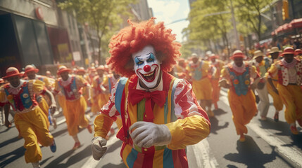 A fun and colorful clown parade entertaining the crowd.
