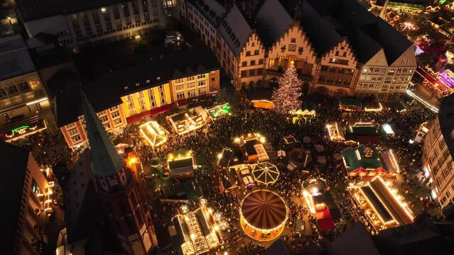 Christmas Market on Romerberg Square in Evening, Frankfurt am Main, Hesse, Germany. Aerial Drone Shot Weihnachtsmarkt