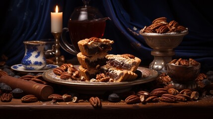 An artistic composition featuring a bowl filled with pecan-studded desserts, such as pecan bars and pecan tarts, creating a tempting and indulgent scene.