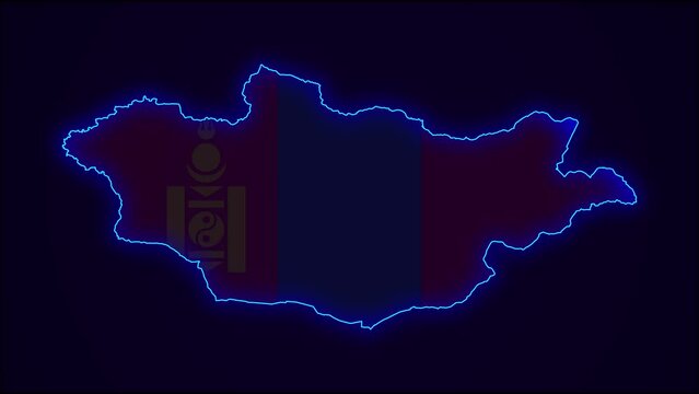 Mongolia Map Outline Country Border on dark blue.  Neon Lights  colorful animation transition. Flag of Mongolia. Animation in neon style. 4k Resolution.